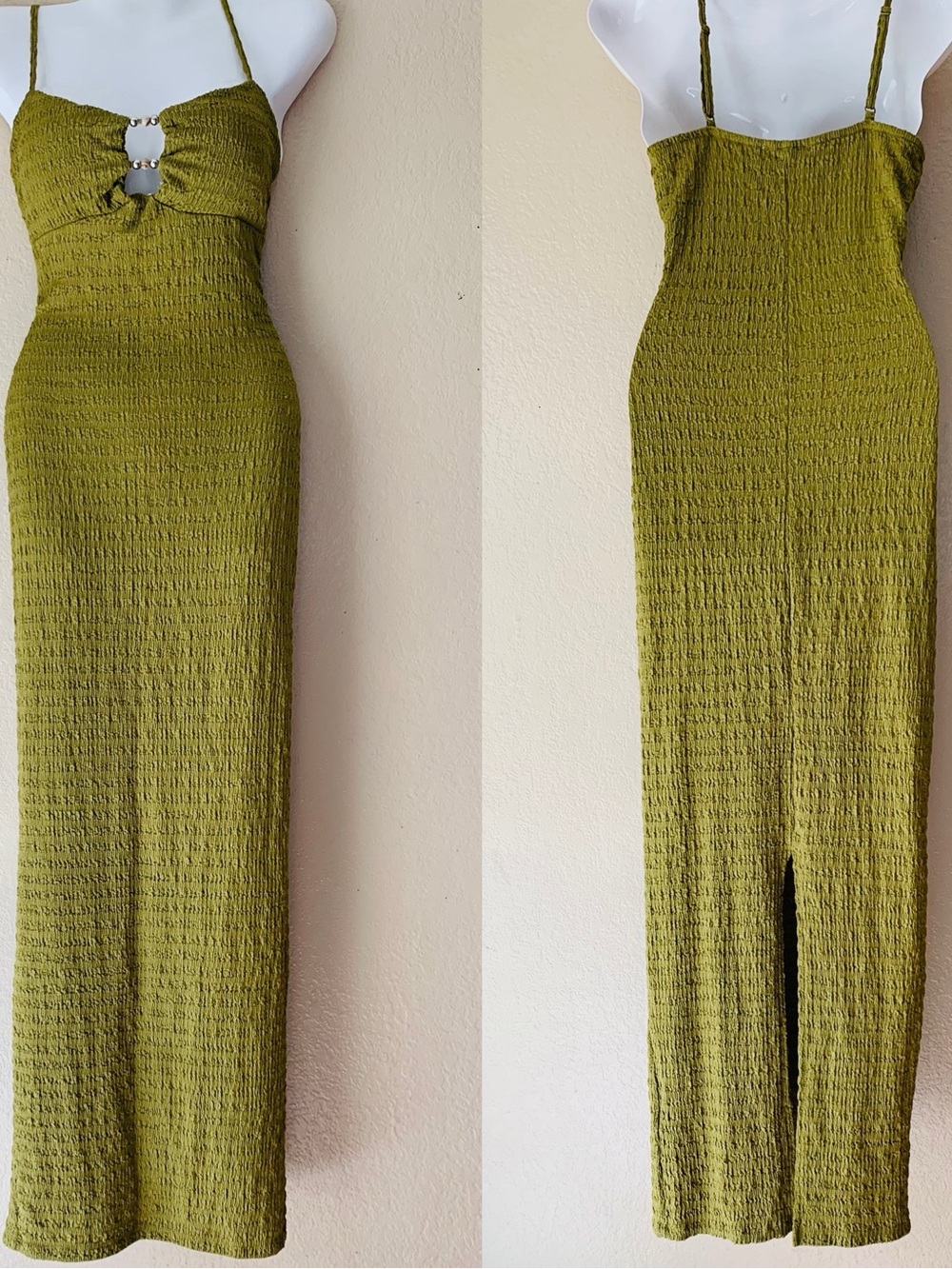 Derek Heart Y2K Moss Green Textured Baby Doll Retro Maxi Dress Size M - Picture 4 of 11